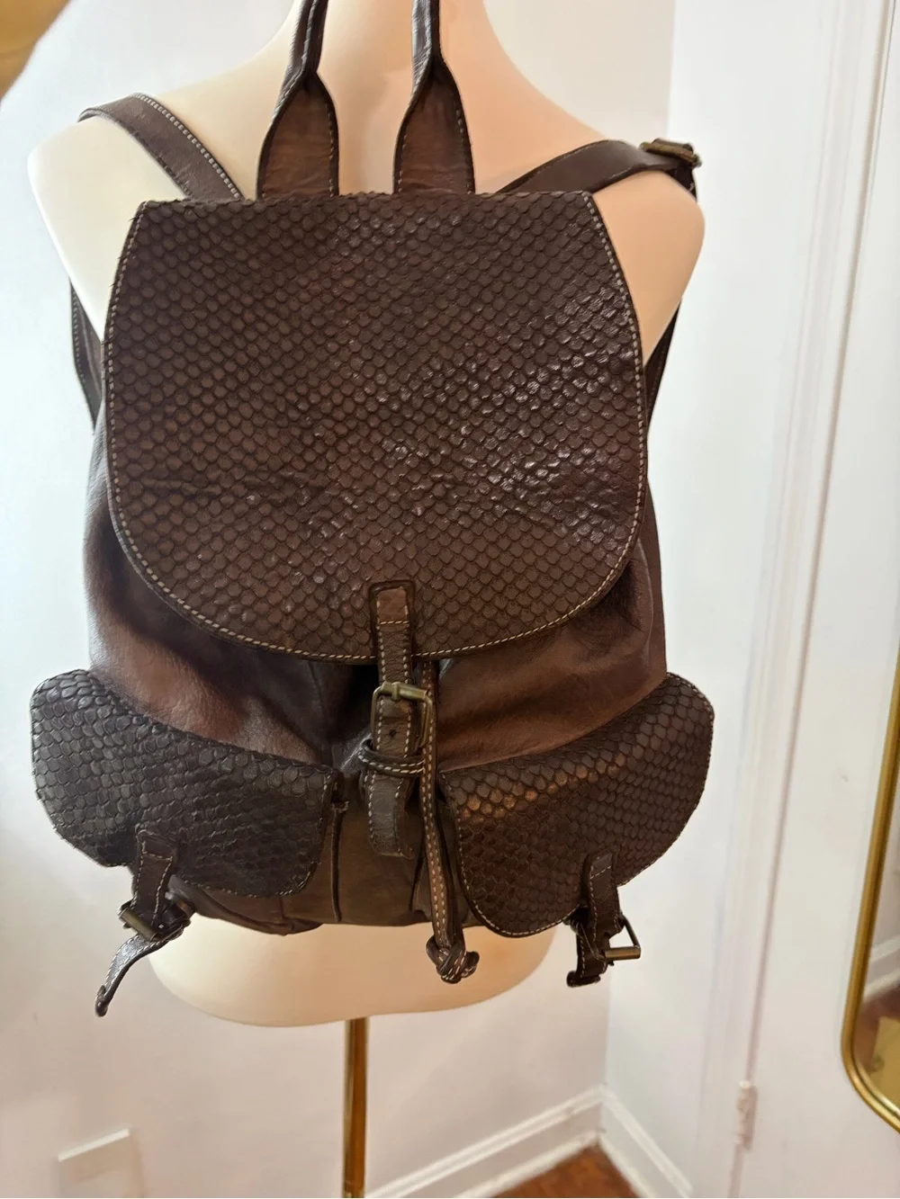 Sundance Back 2 School Woven-Flap Leather Backpack Top handle and closure
